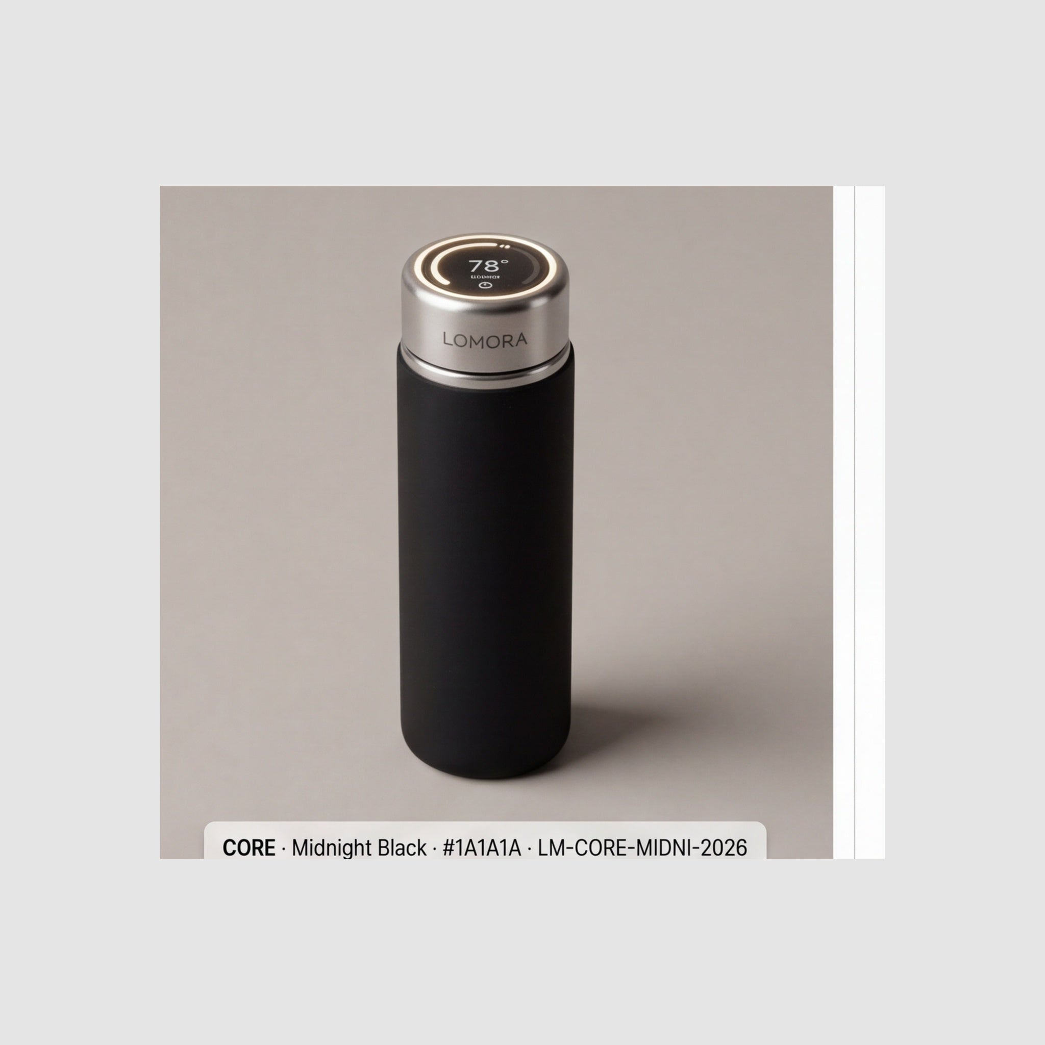 LOMORA Forever Smart Bottle CORE — Midnight Black #1A1A1A · Round AMOLED OLED on Cap-Top · Manufacturer Reference Photo