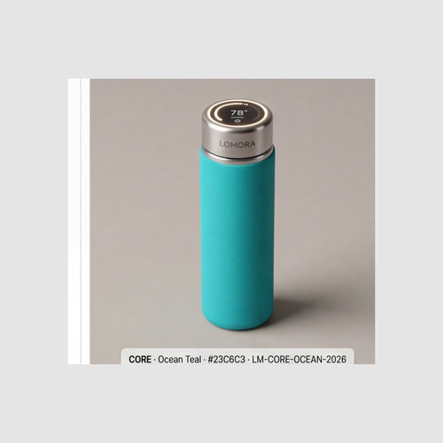 LOMORA Forever Smart Bottle CORE — Ocean Teal #23C6C3 · Round AMOLED OLED on Cap-Top · Brushed 316L Stainless Steel · Borosilikat-Glas Inner Liner · Forever Garantie+