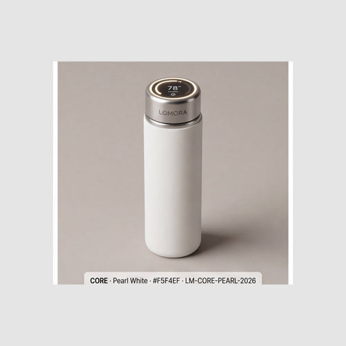 LOMORA Forever Smart Bottle CORE — Pearl White #F5F4EF · Round AMOLED OLED on Cap-Top · Manufacturer Reference Photo
