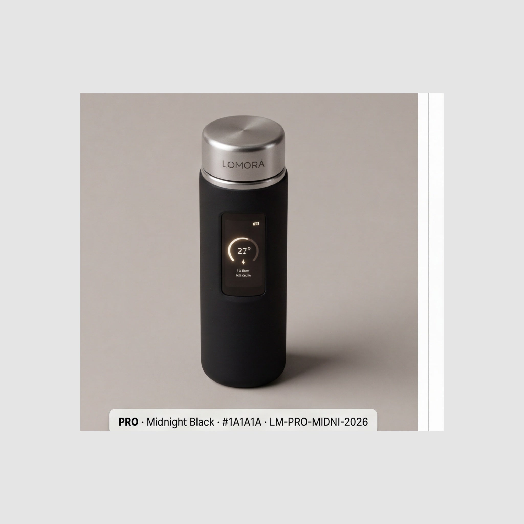 LOMORA Forever Smart Bottle PRO — Midnight Black #1A1A1A · Front-Silicone-Embedded Rectangular AMOLED OLED · Manufacturer Reference Photo